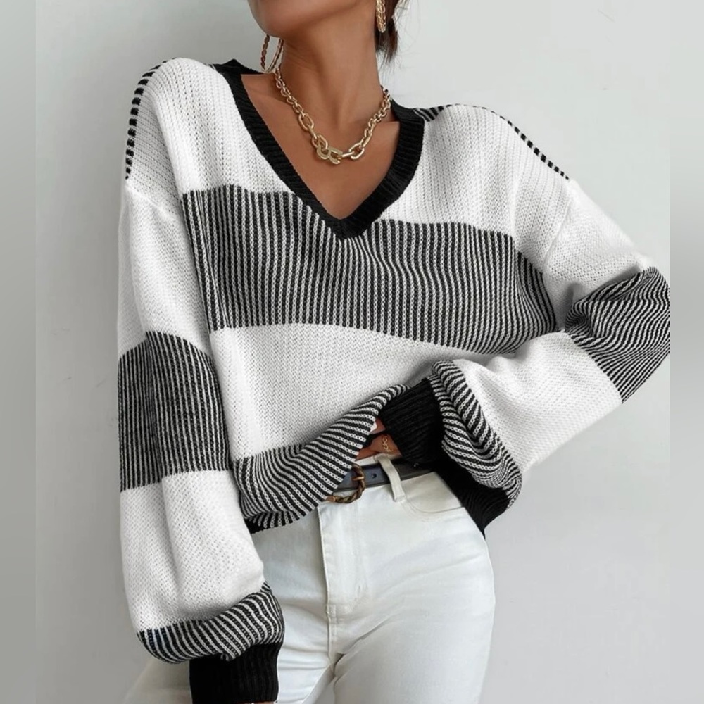 SHEIN V-neck Drop Shoulder Lantern Sleeve Striped Colorblock Sweater